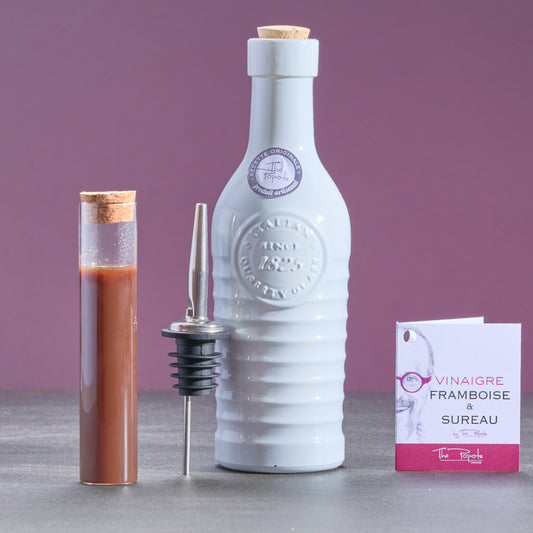 Vinaigre de Riz Bio Culinaire Parfumé aux Framboises et Sureau, en bouteille